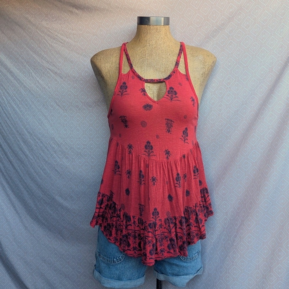 Free People Tank Top Women Red Excellent Boho Floral Lattice Back Keyhole S